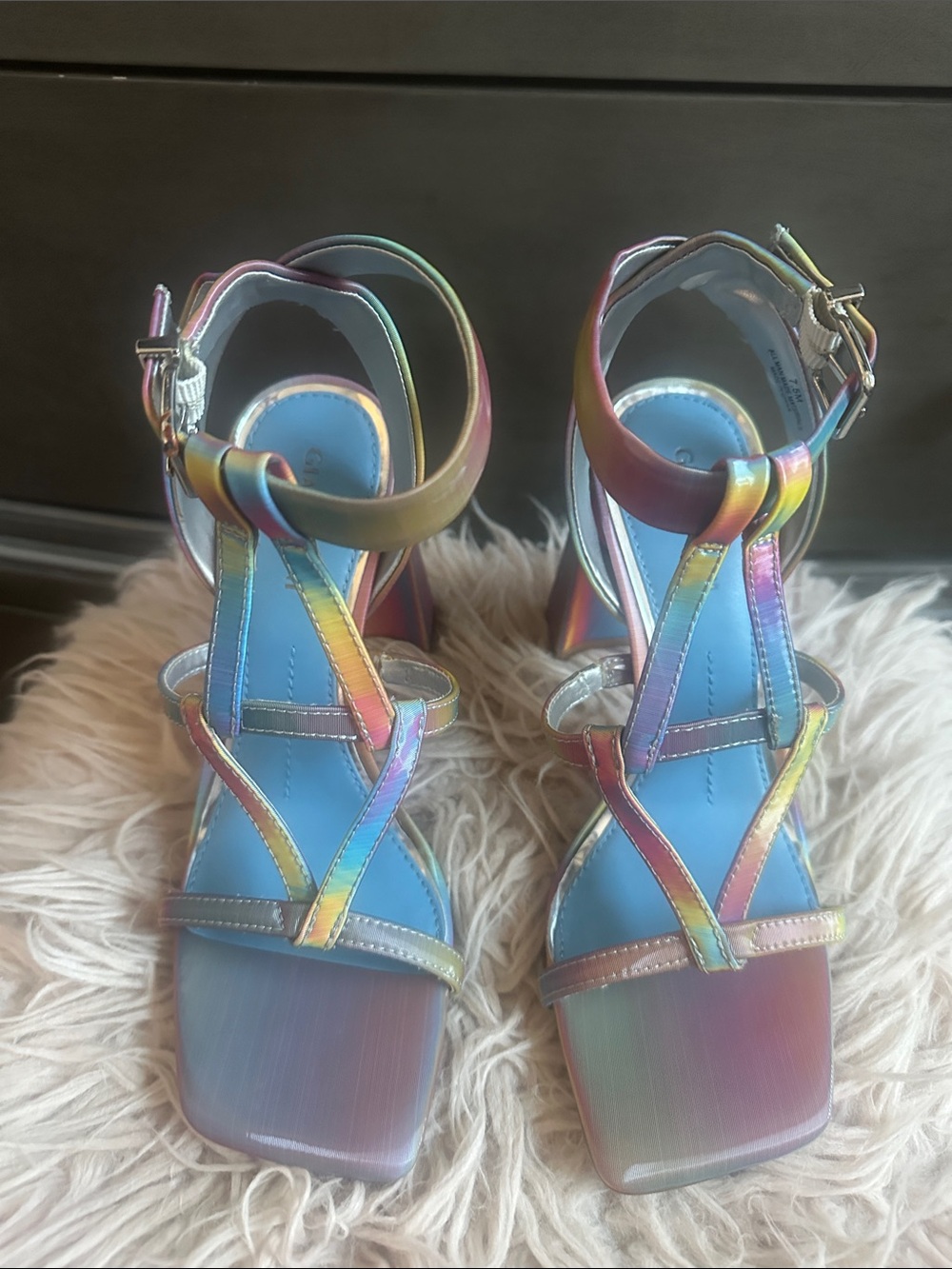 Women's Iridescent Rainbow Strappy Block Heel Sandals